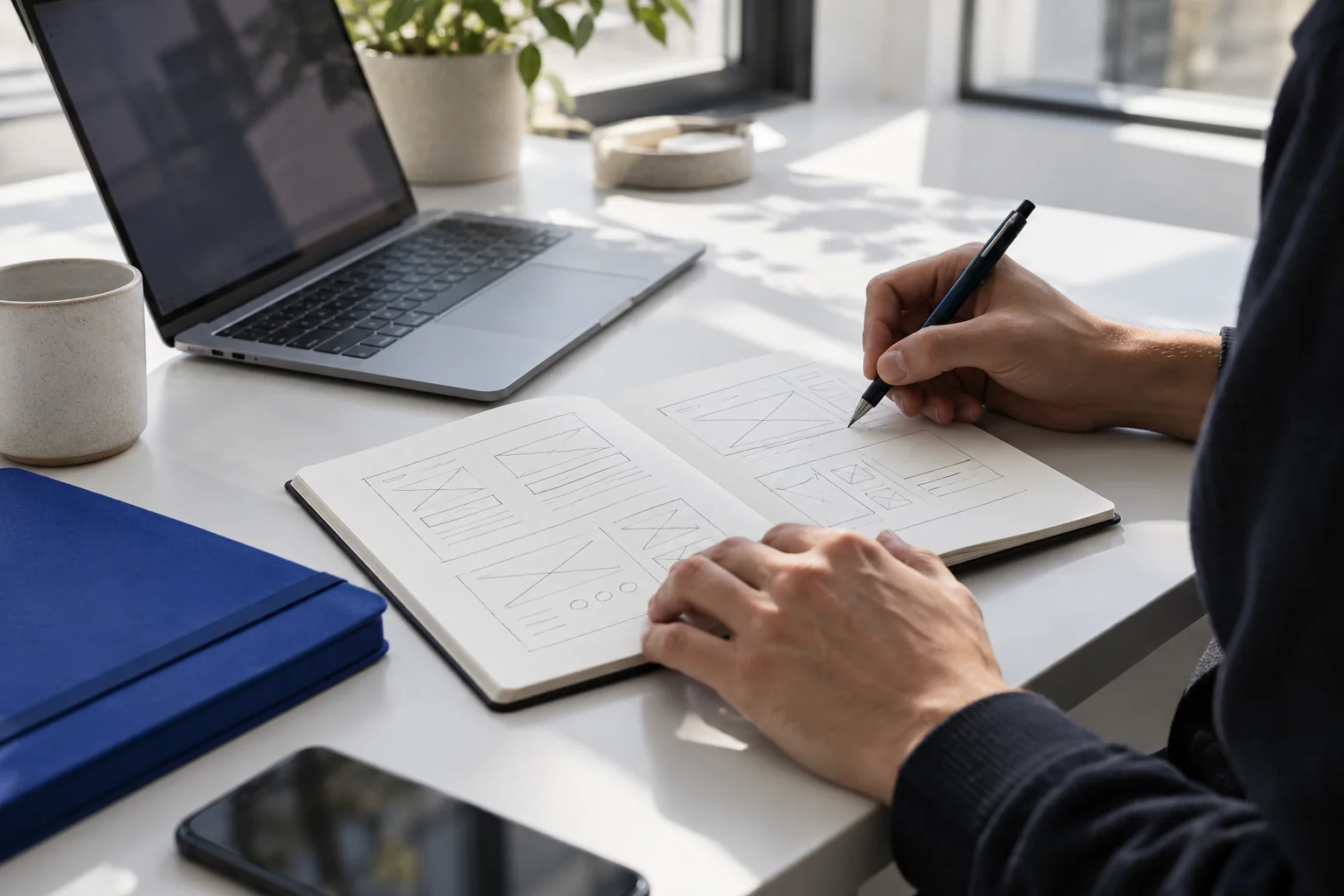 A designer sketching website ideas in a notebook beside a laptop in a bright studio
