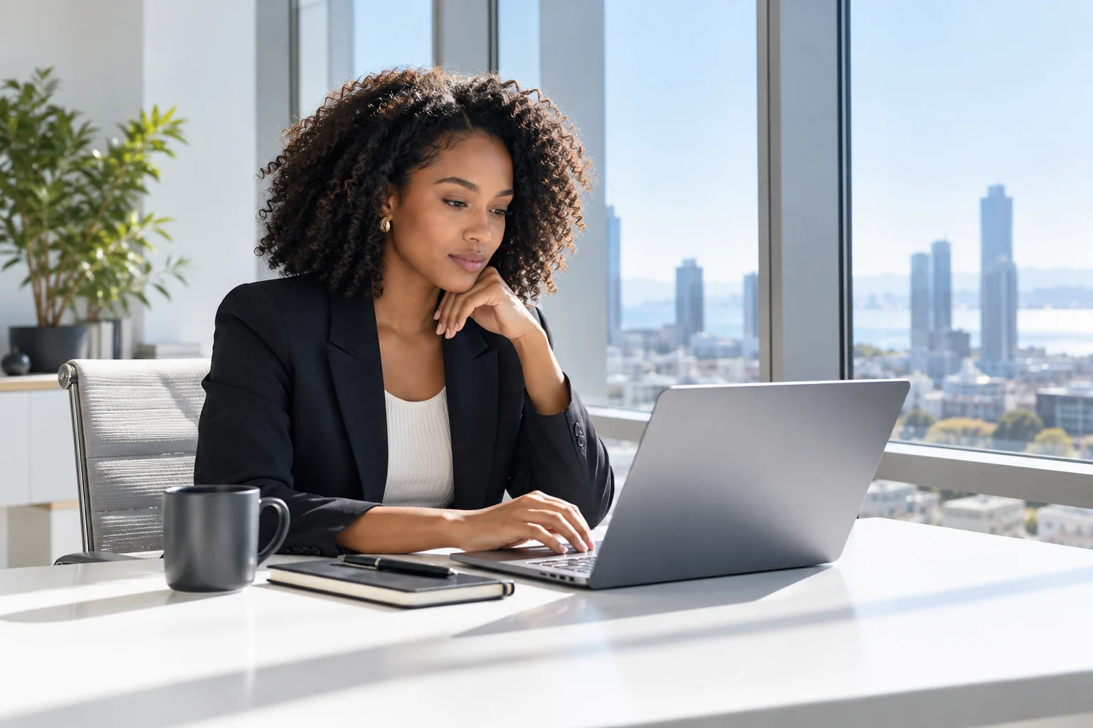 A business professional researching at a laptop in a bright office