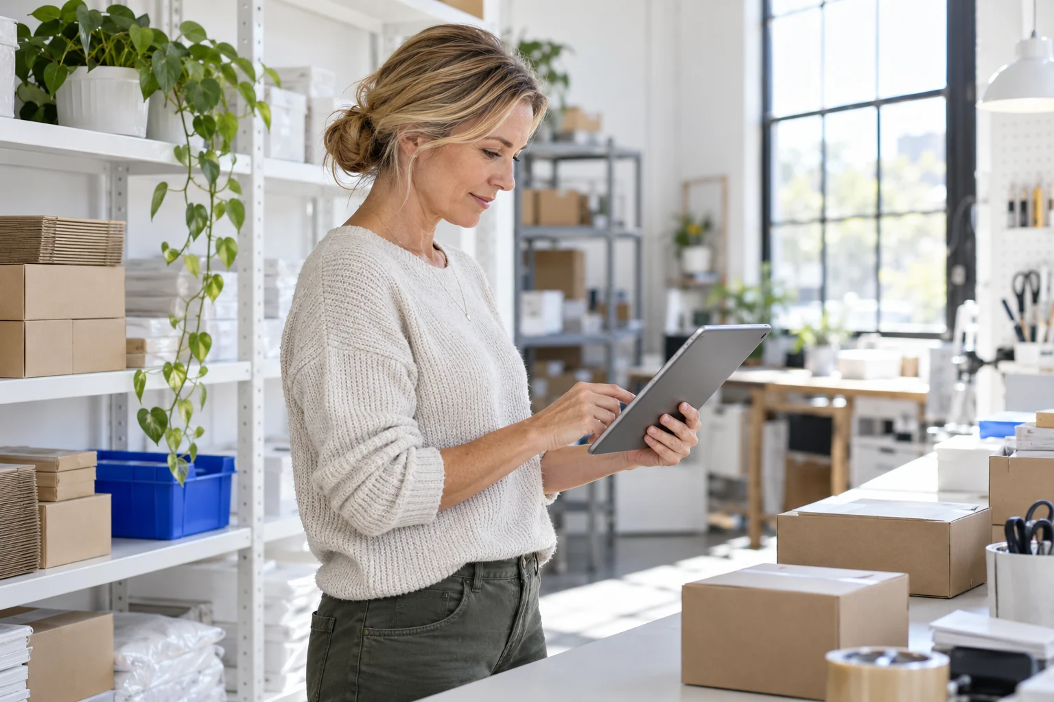 An operations manager using a tablet in an organized fulfillment workspace