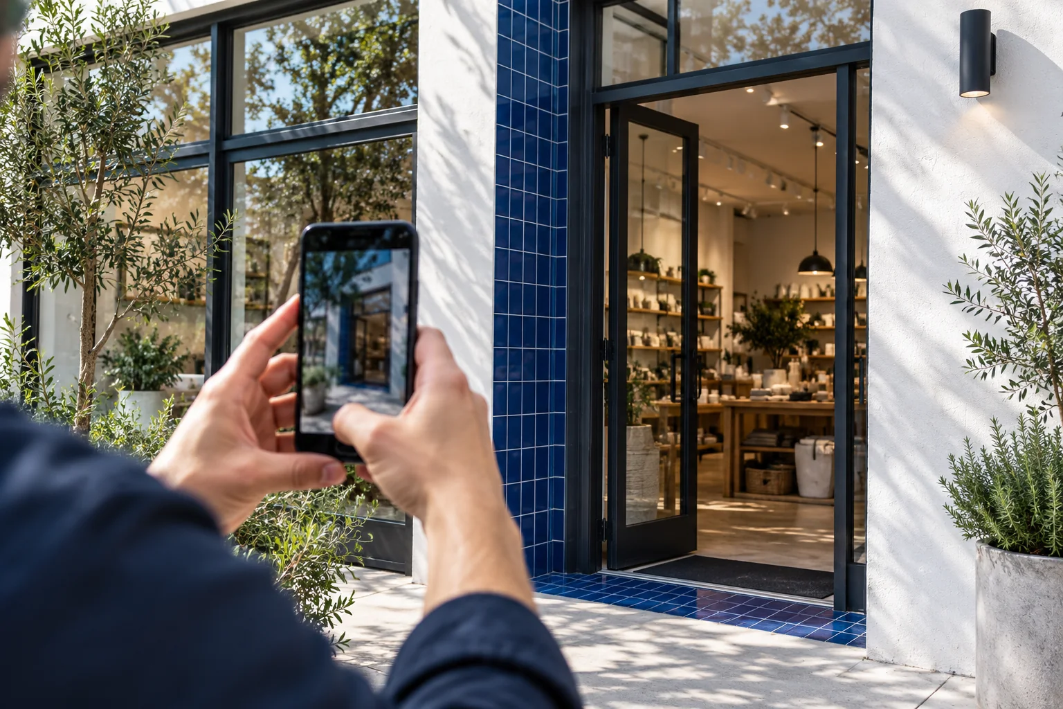 A business owner photographing a contemporary storefront with a smartphone