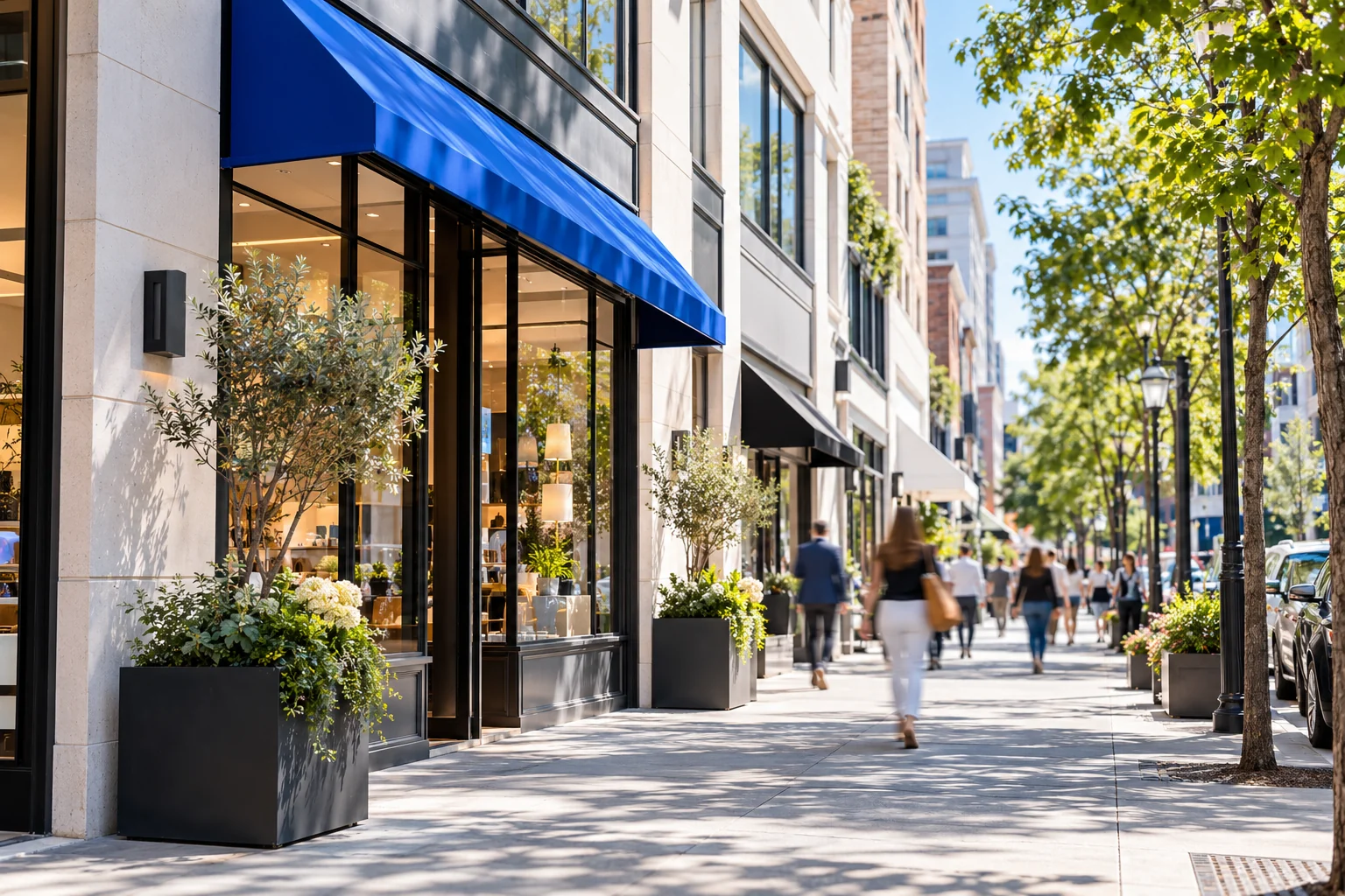 A contemporary commercial street with a variety of independent storefronts
