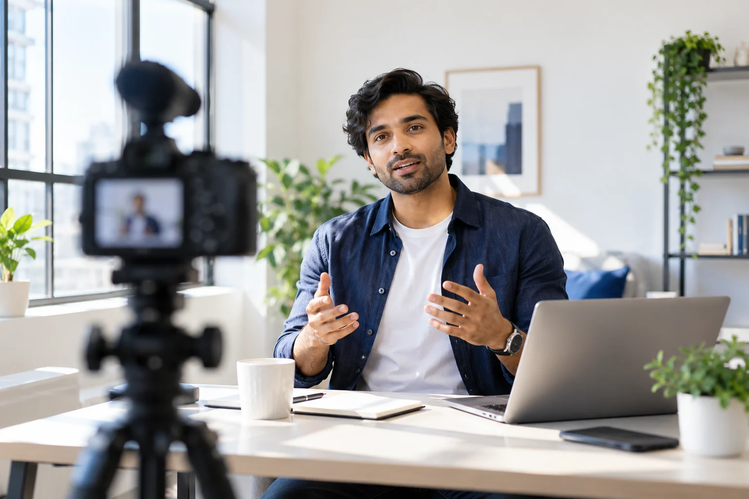 A business expert recording an educational video in a professional workspace