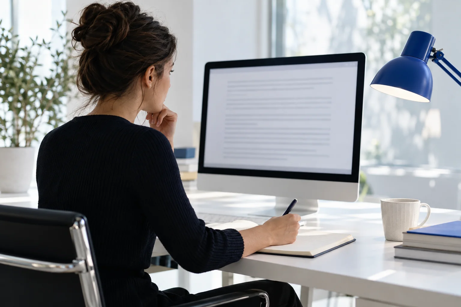 An analyst reviewing research at a desktop and taking notes in a bright studio
