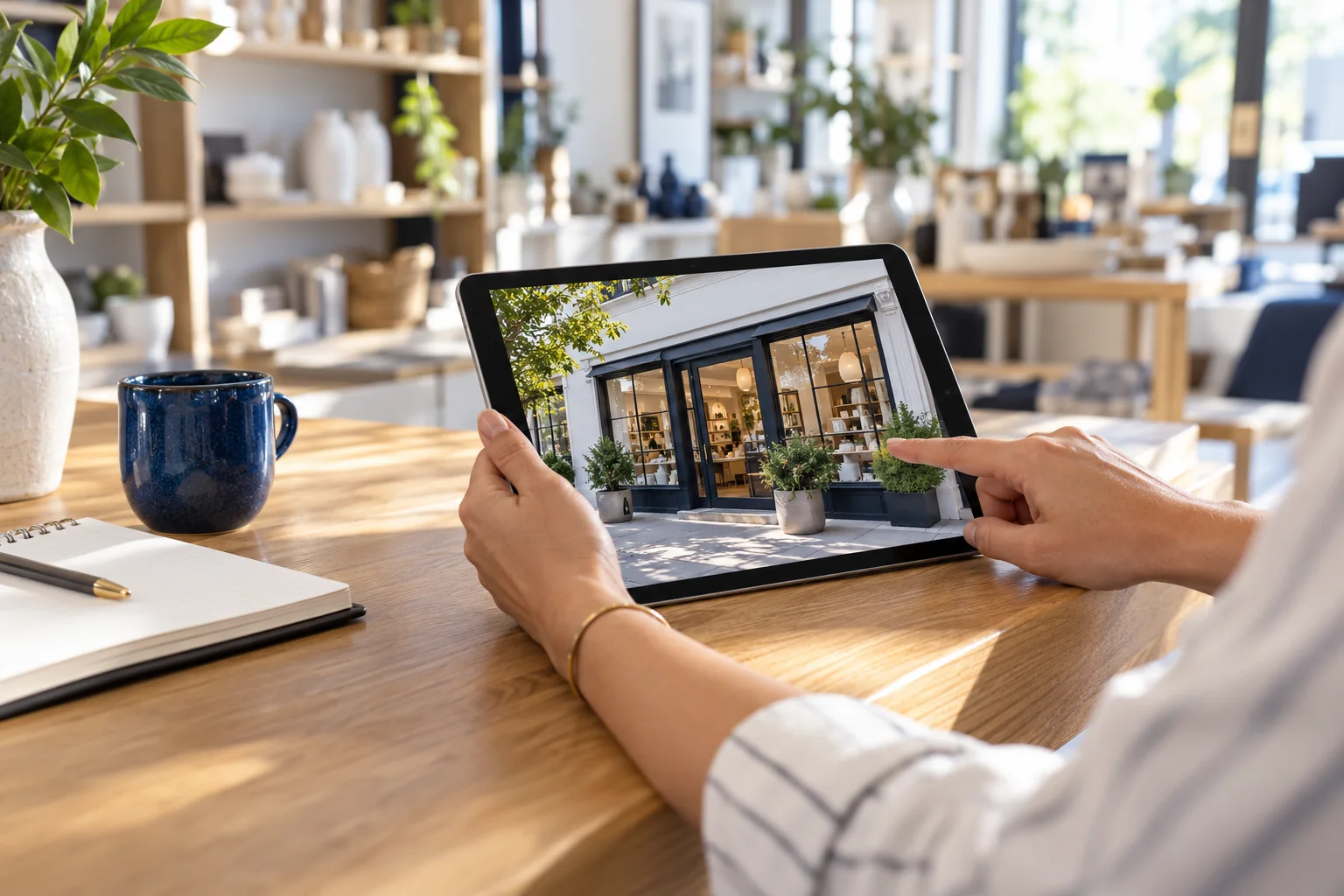A business owner selecting a storefront photograph on a tablet at a showroom counter