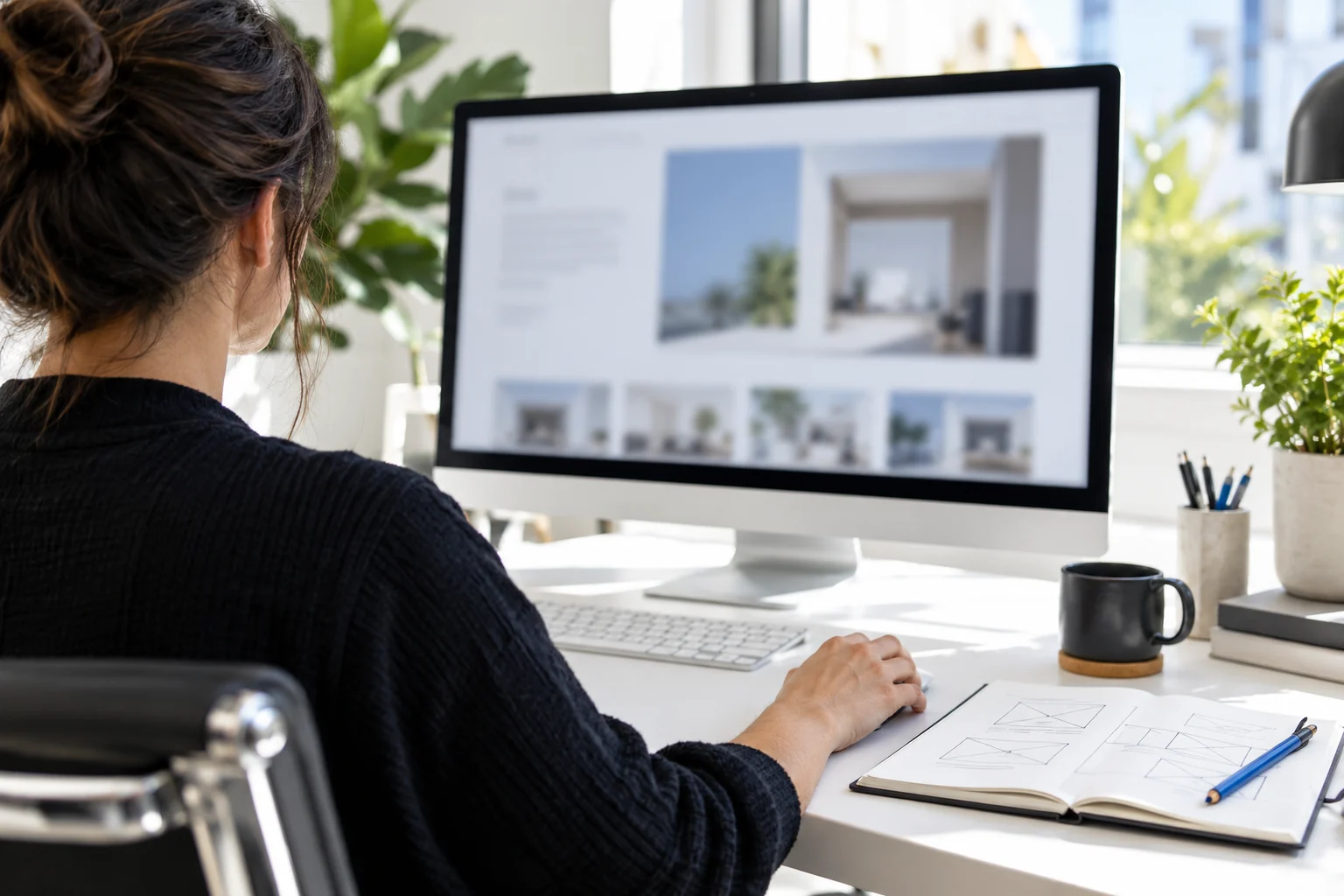 A website designer working at a desktop monitor with a sketchbook nearby