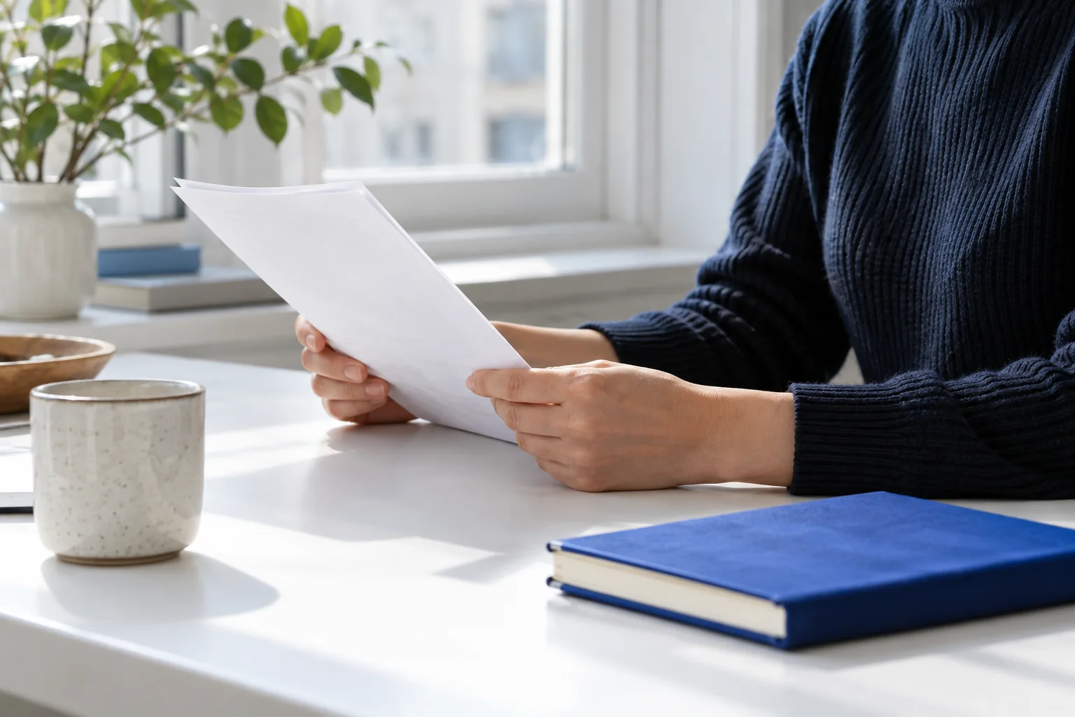 An anonymous reader reviewing a plain document beside a blue notebook in natural light