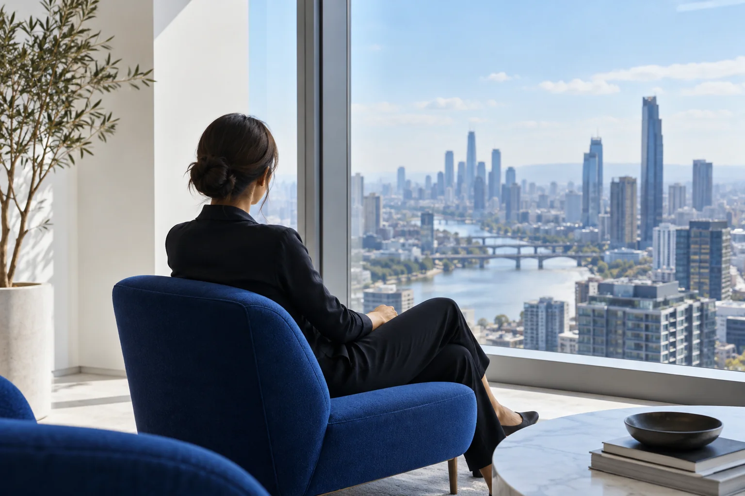 An anonymous professional seated by a city window considering the view in natural light