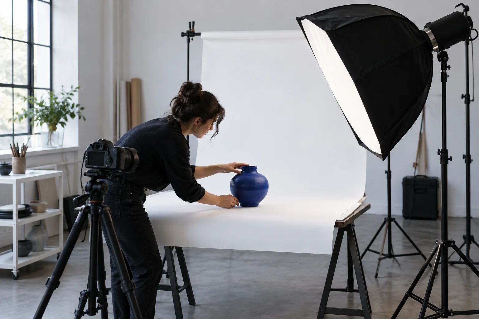 An unbranded product photography studio with white surfaces and bold cobalt details