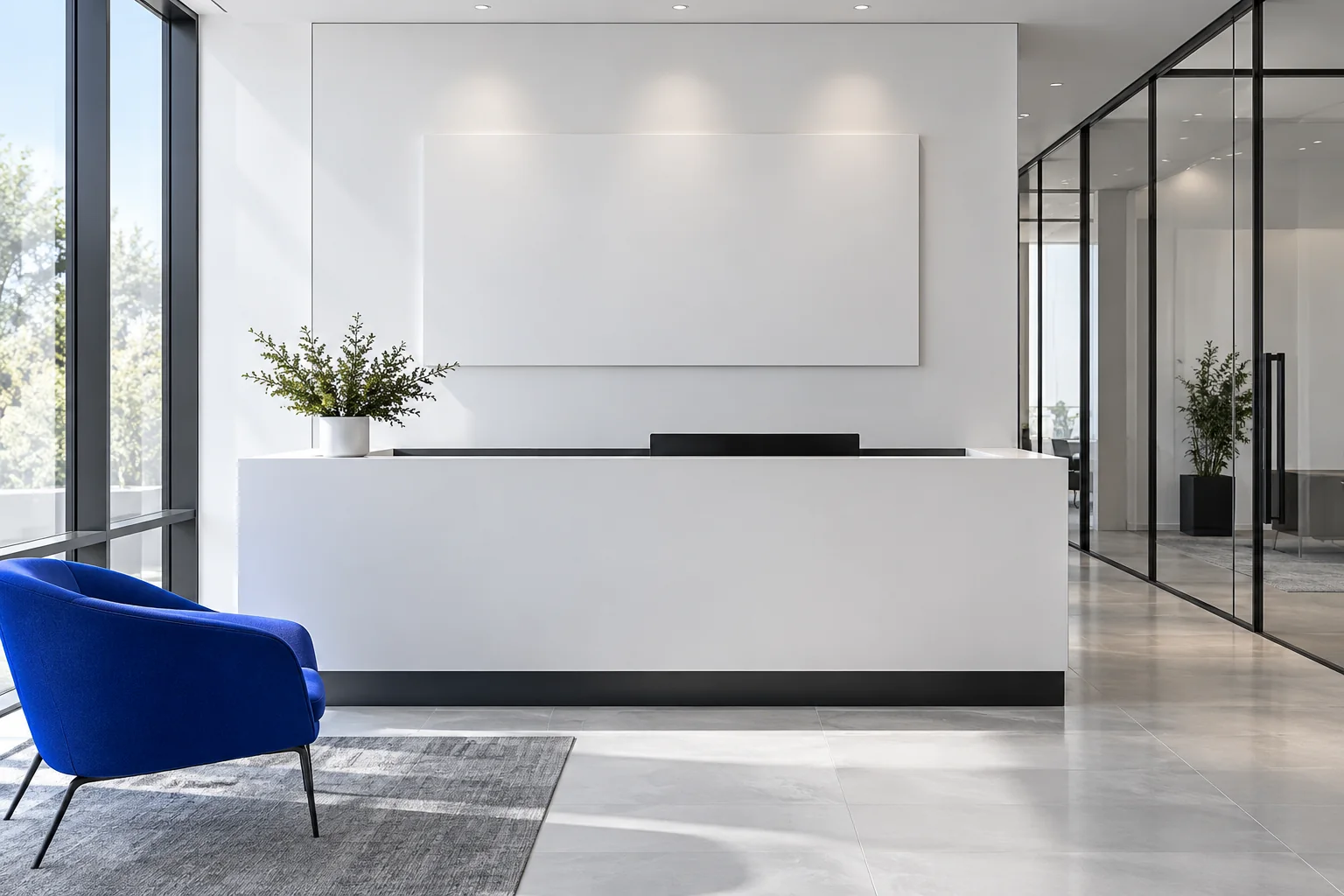 A contemporary white reception area with a sculptural cobalt wall and no visible branding