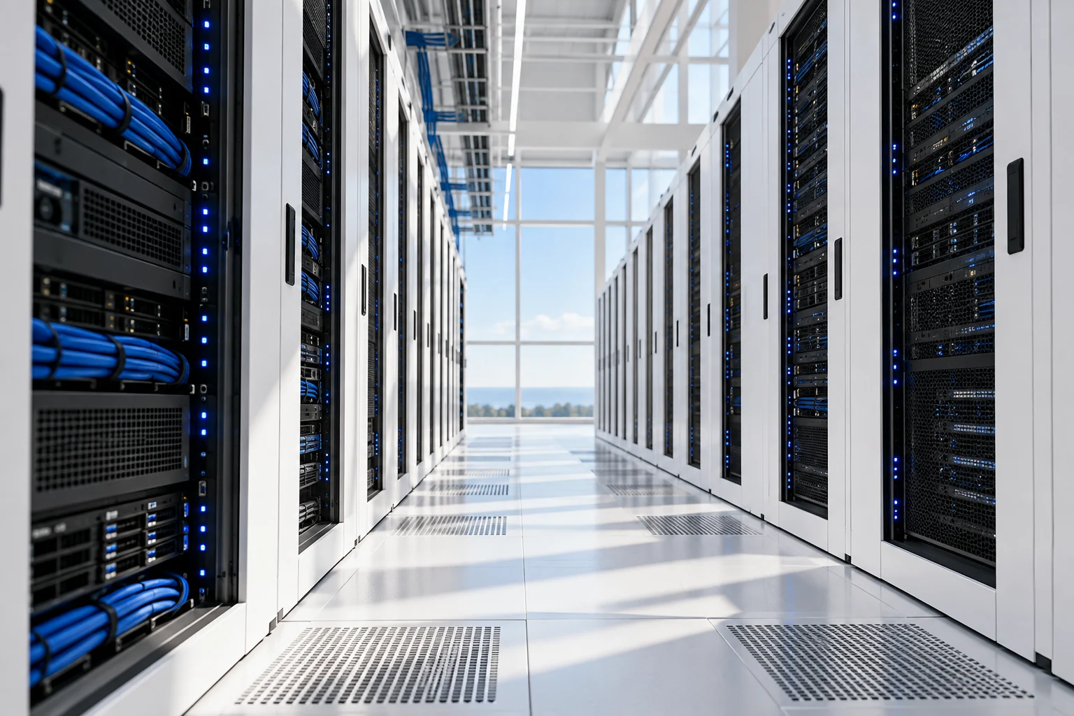 A bright modern data-center aisle with precise server architecture