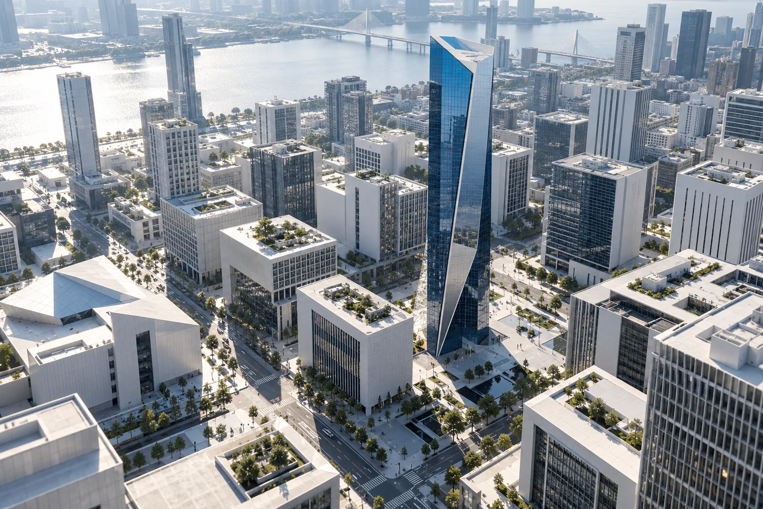 An elevated perspective on a contemporary city and its distinct buildings