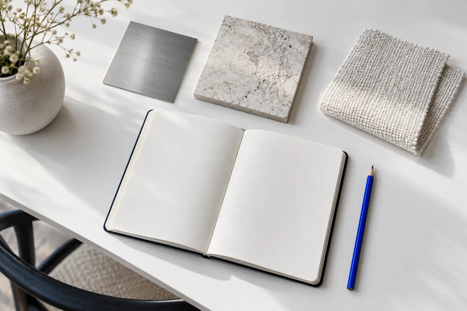 Material samples arranged beside an open blank notebook on a bright design desk