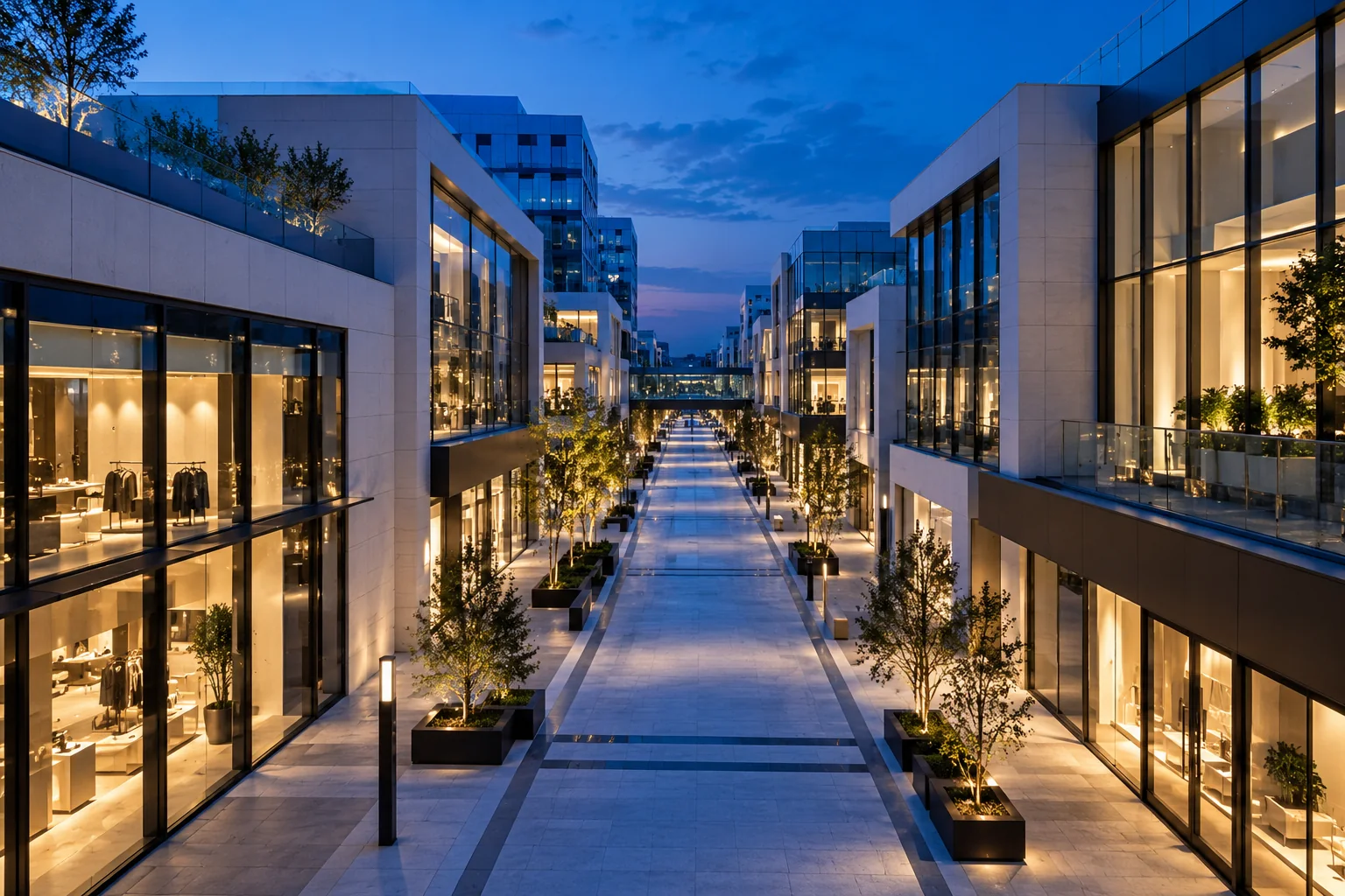 A modern commercial walkway at blue hour with distinct storefronts and warm interior light