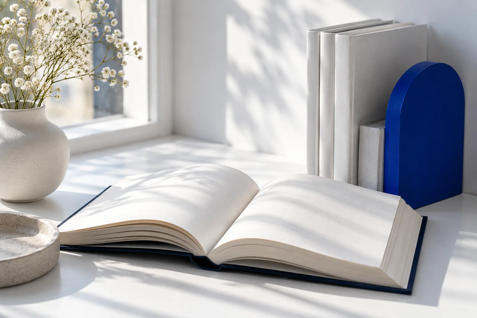 An open book and carefully arranged white volumes with one cobalt bookend