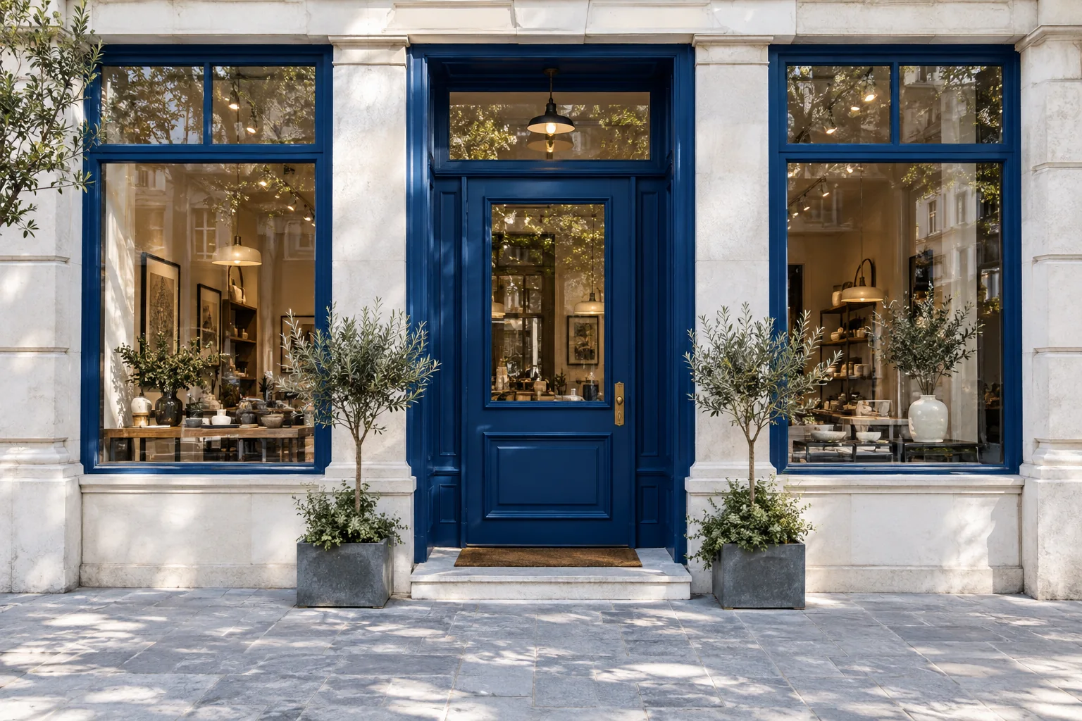 An unbranded neighborhood storefront with a blue entrance and inviting natural details