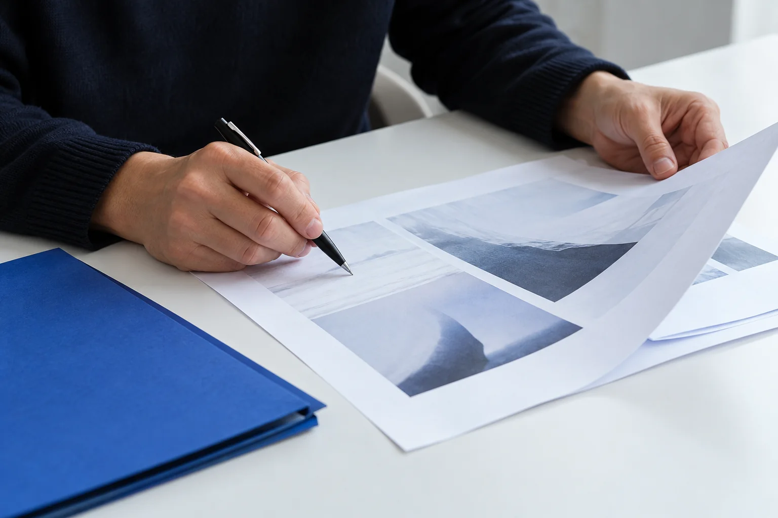 An editor reviewing unbranded pages at a bright desk with a cobalt notebook