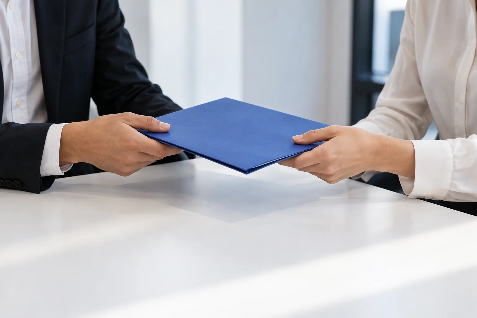 Two anonymous colleagues passing a plain cobalt folder across a bright desk