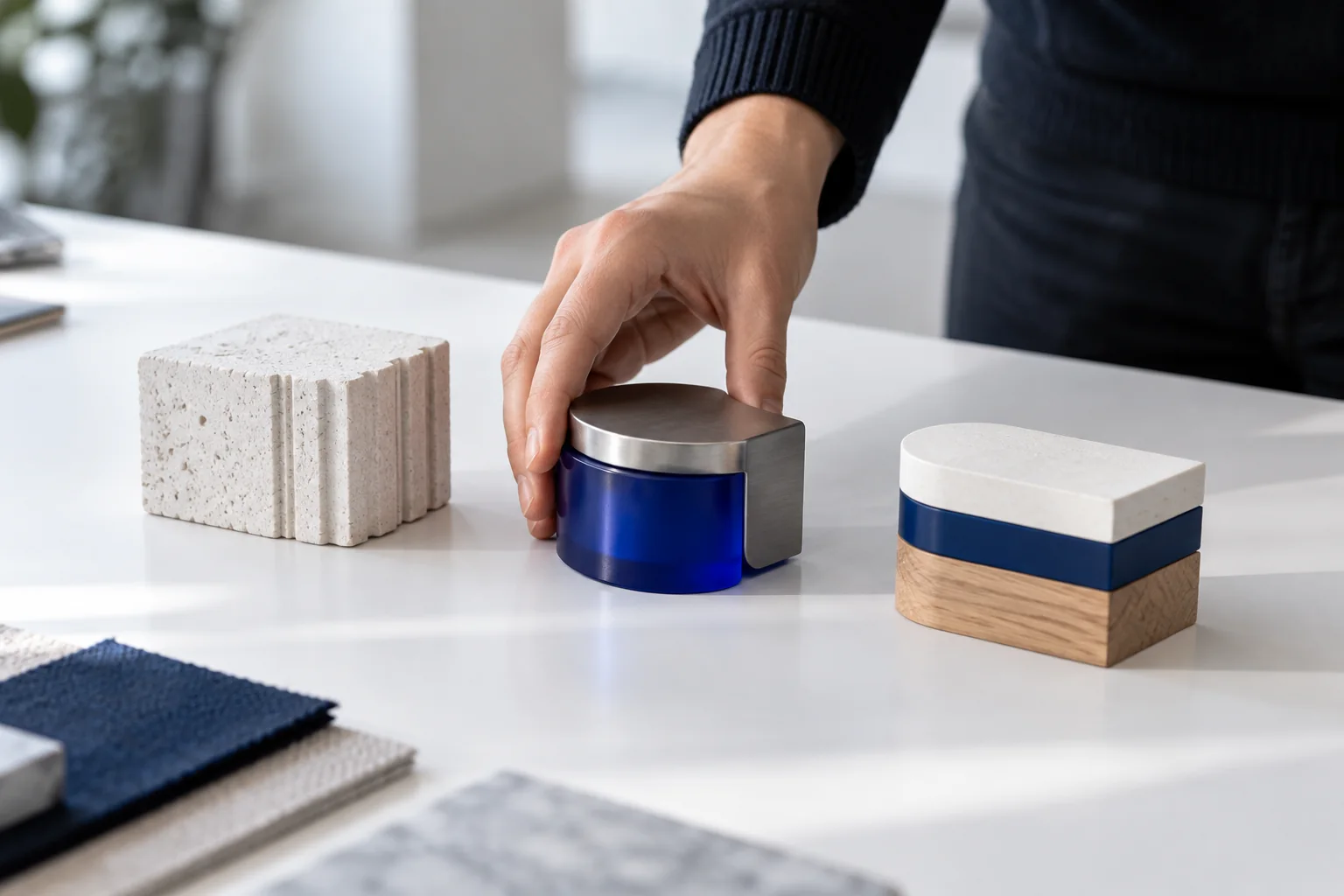 A hand considering a small selection of refined material prototypes on a white table