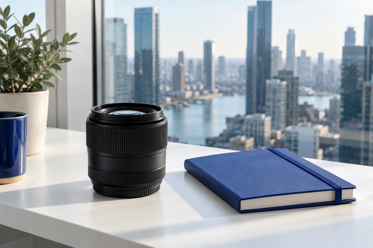 A camera lens and blue notebook beside a window overlooking modern city buildings