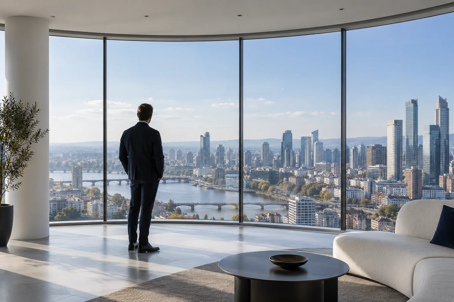 An anonymous professional standing by a curved city window in a quiet modern office