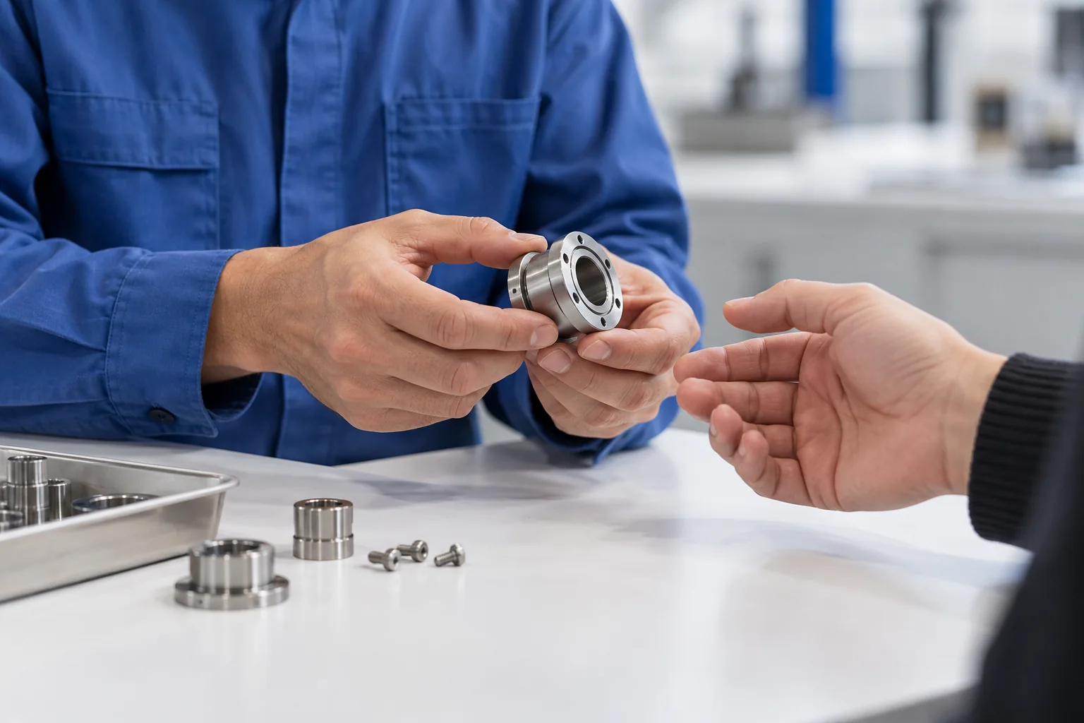 Two anonymous craftspeople discussing a precision component at a clean workshop table