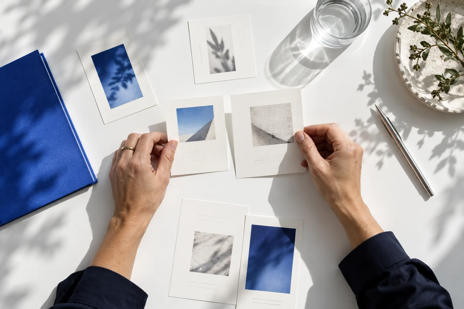 Hands comparing visual reference cards on a white desk beside a cobalt folio