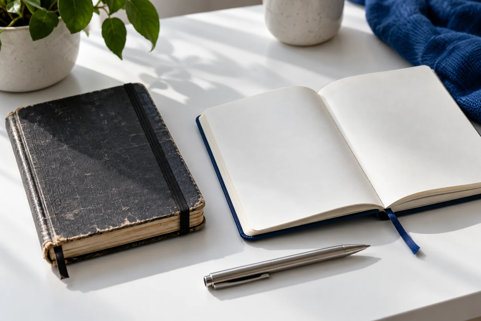 A well-used notebook beside a clean new notebook on a bright desk