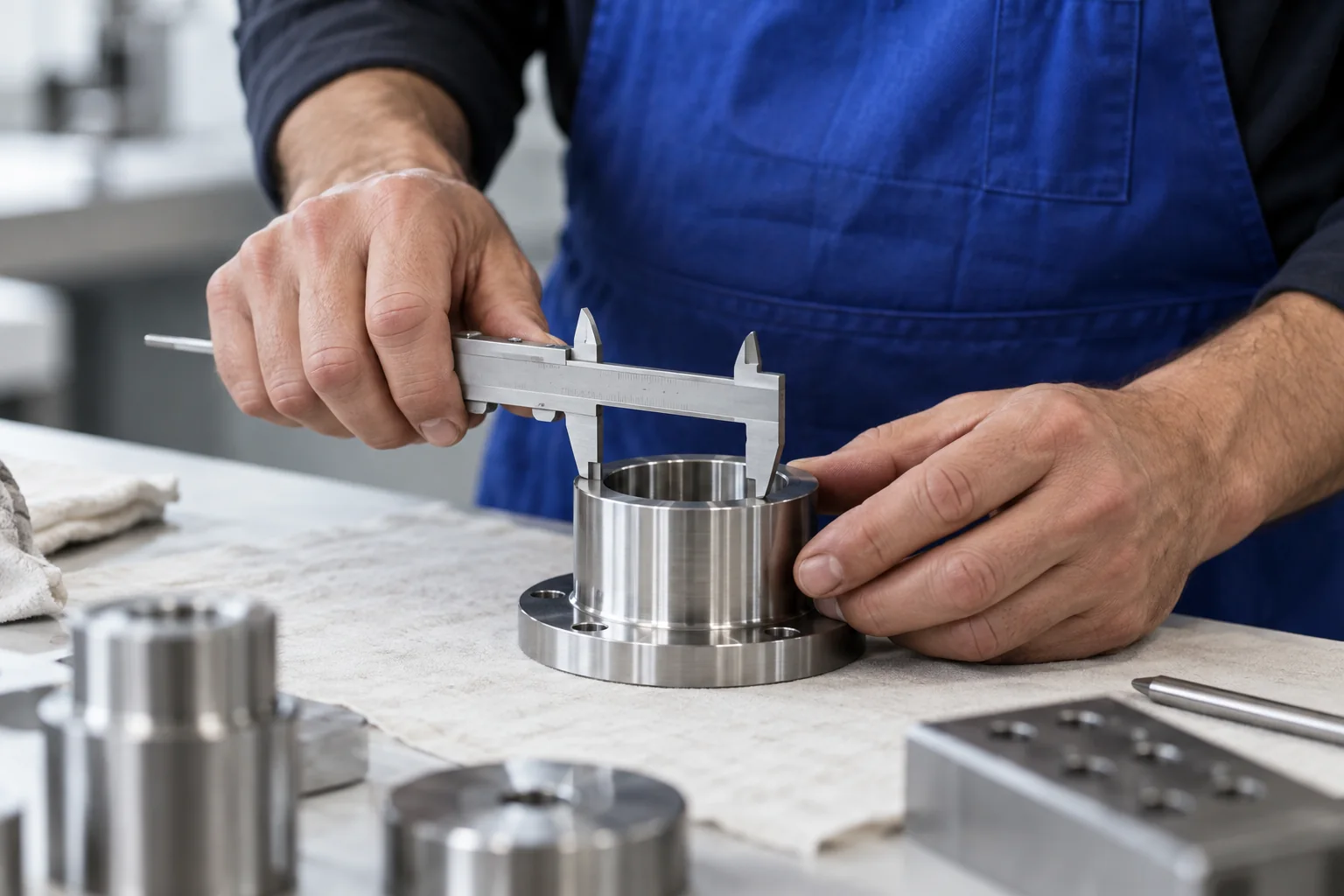 Anonymous workshop hands carefully measuring a metal component with a caliper