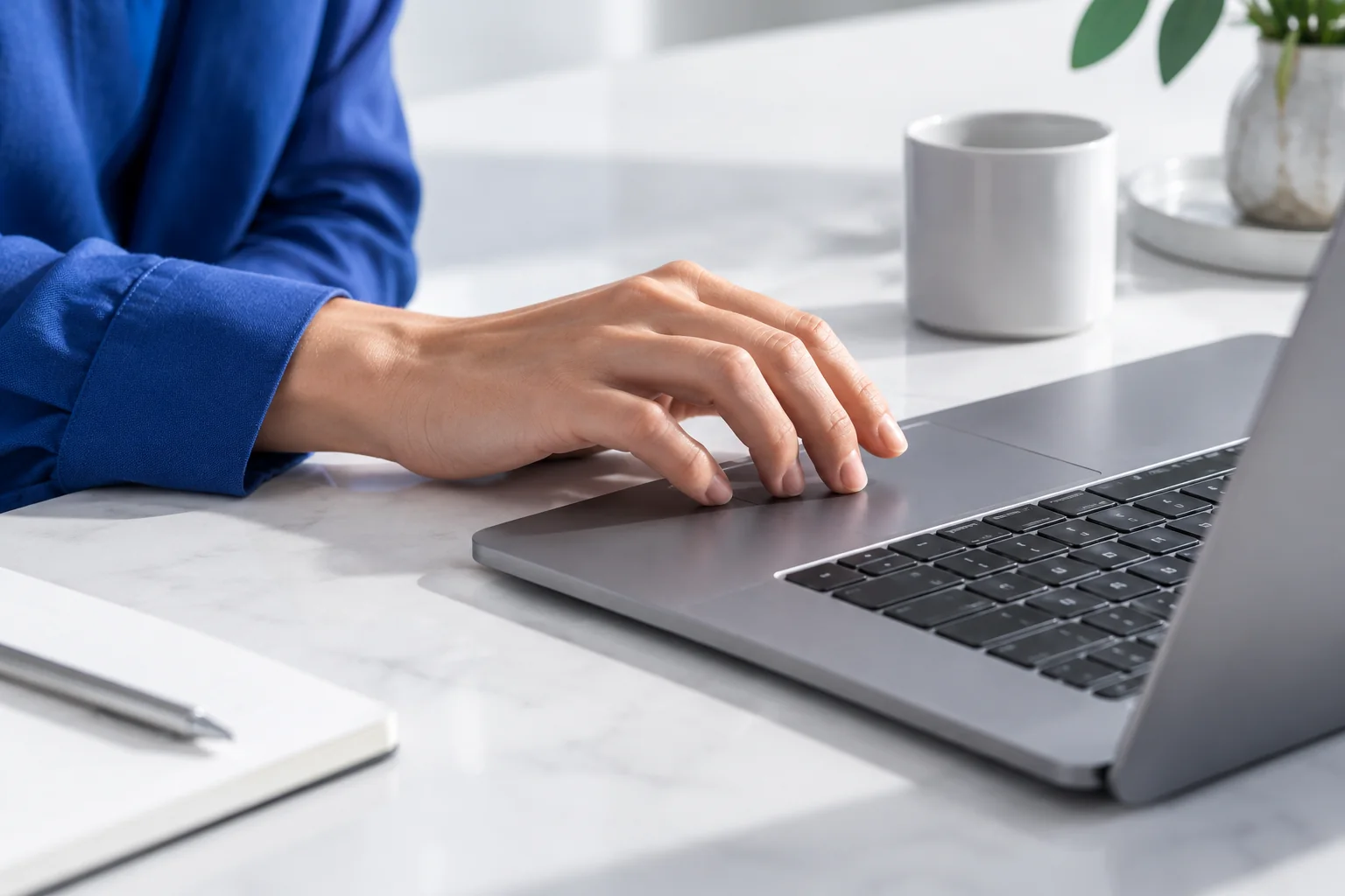 A hand using a laptop trackpad at an uncluttered white desk with no visible screen content