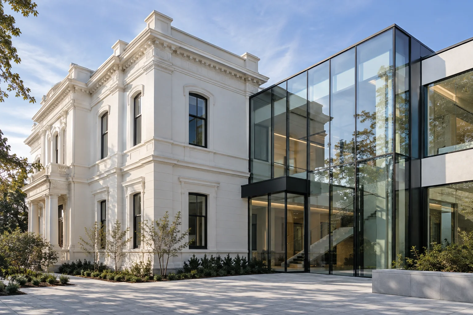 A refined historic building connected to a modern glass architectural extension
