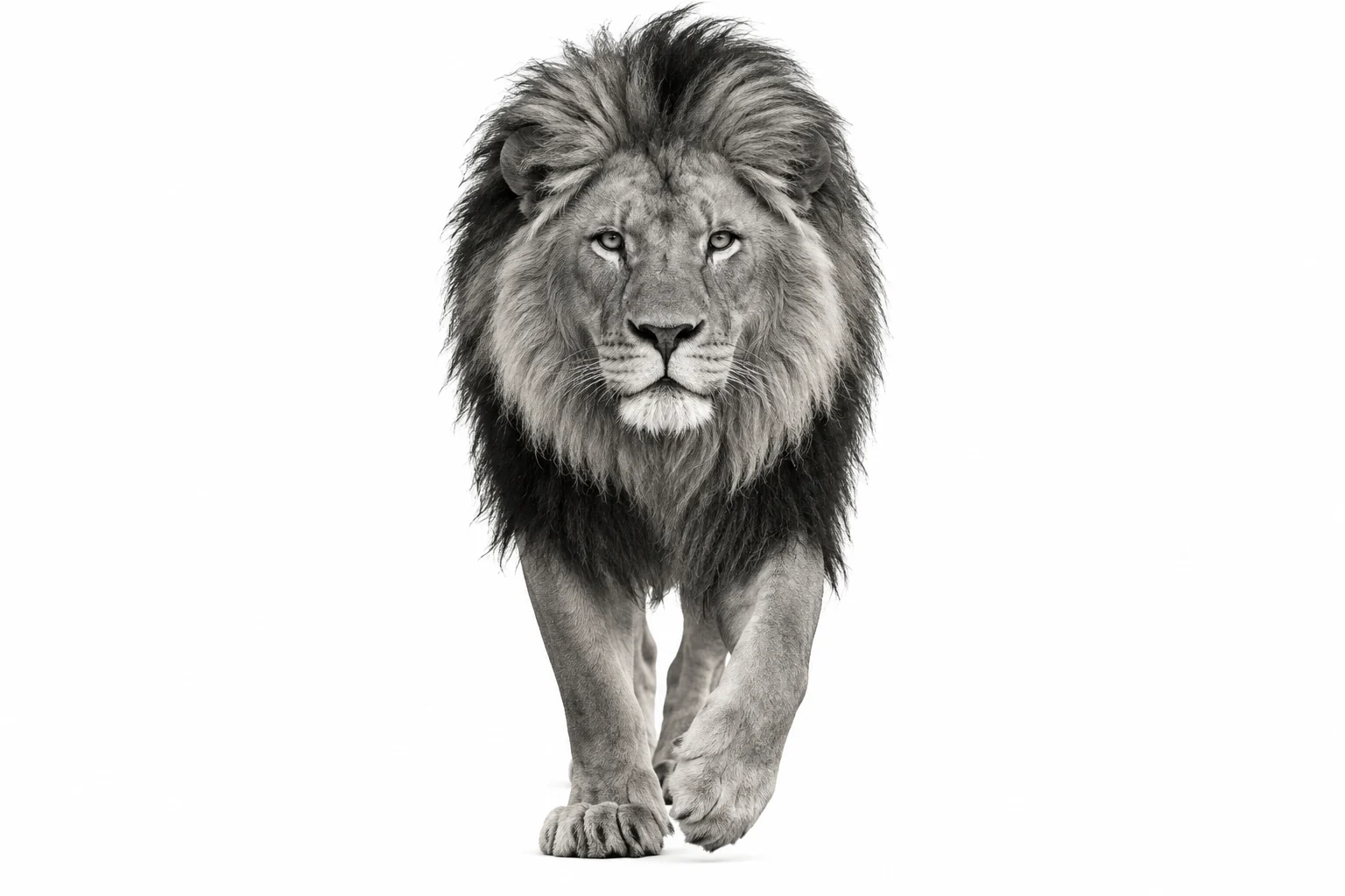 A majestic lion walking forward, photographed in monochrome on white