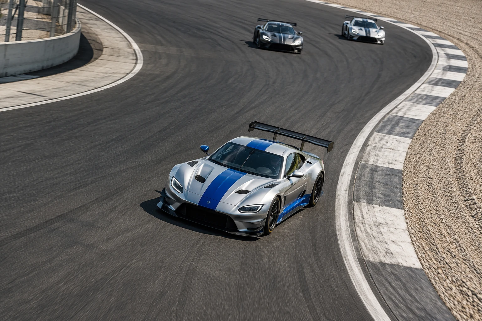 A silver and cobalt race car taking a sweeping circuit turn ahead of the field