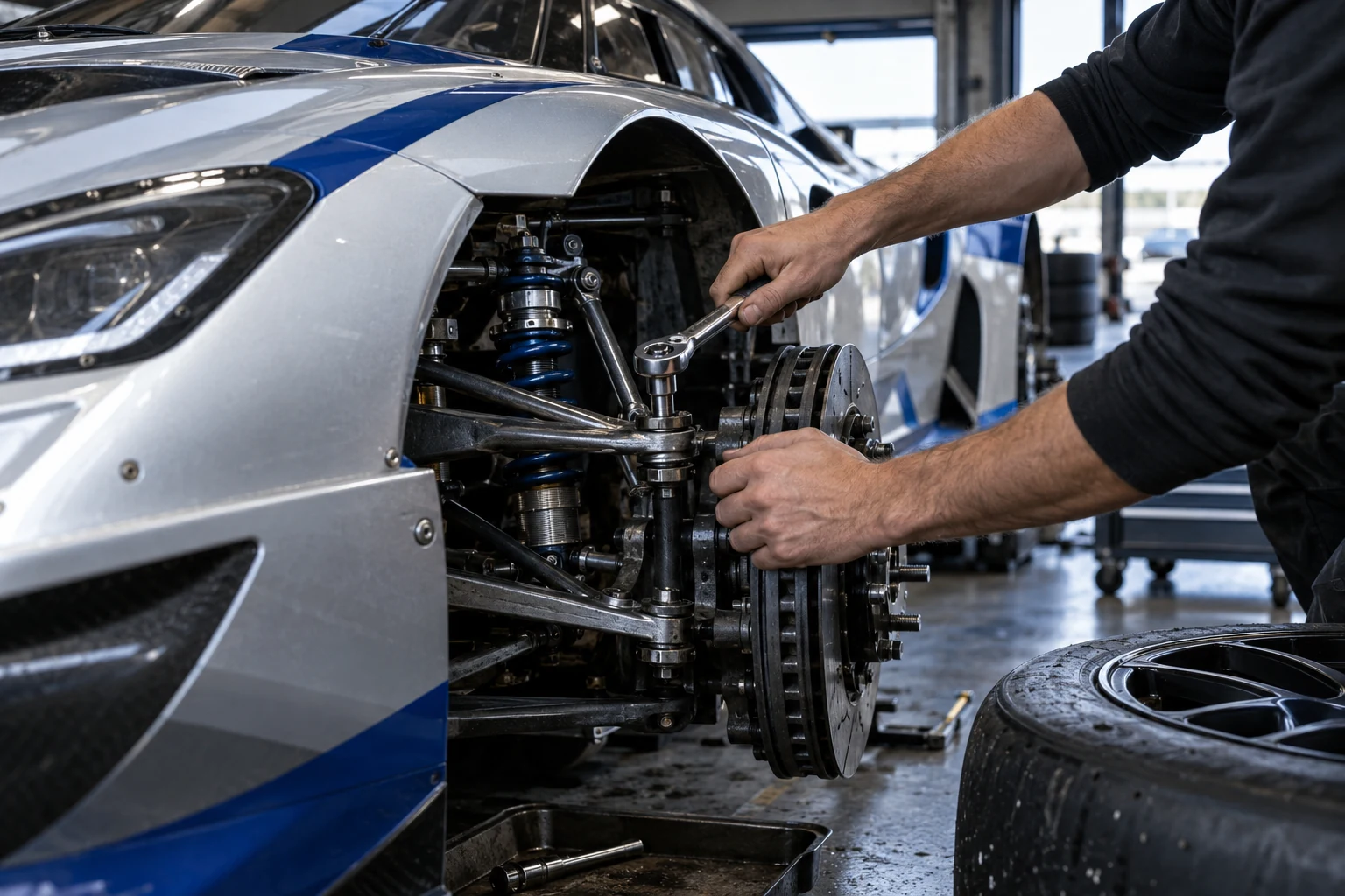 Hands carefully adjusting a race car wheel in a workshop