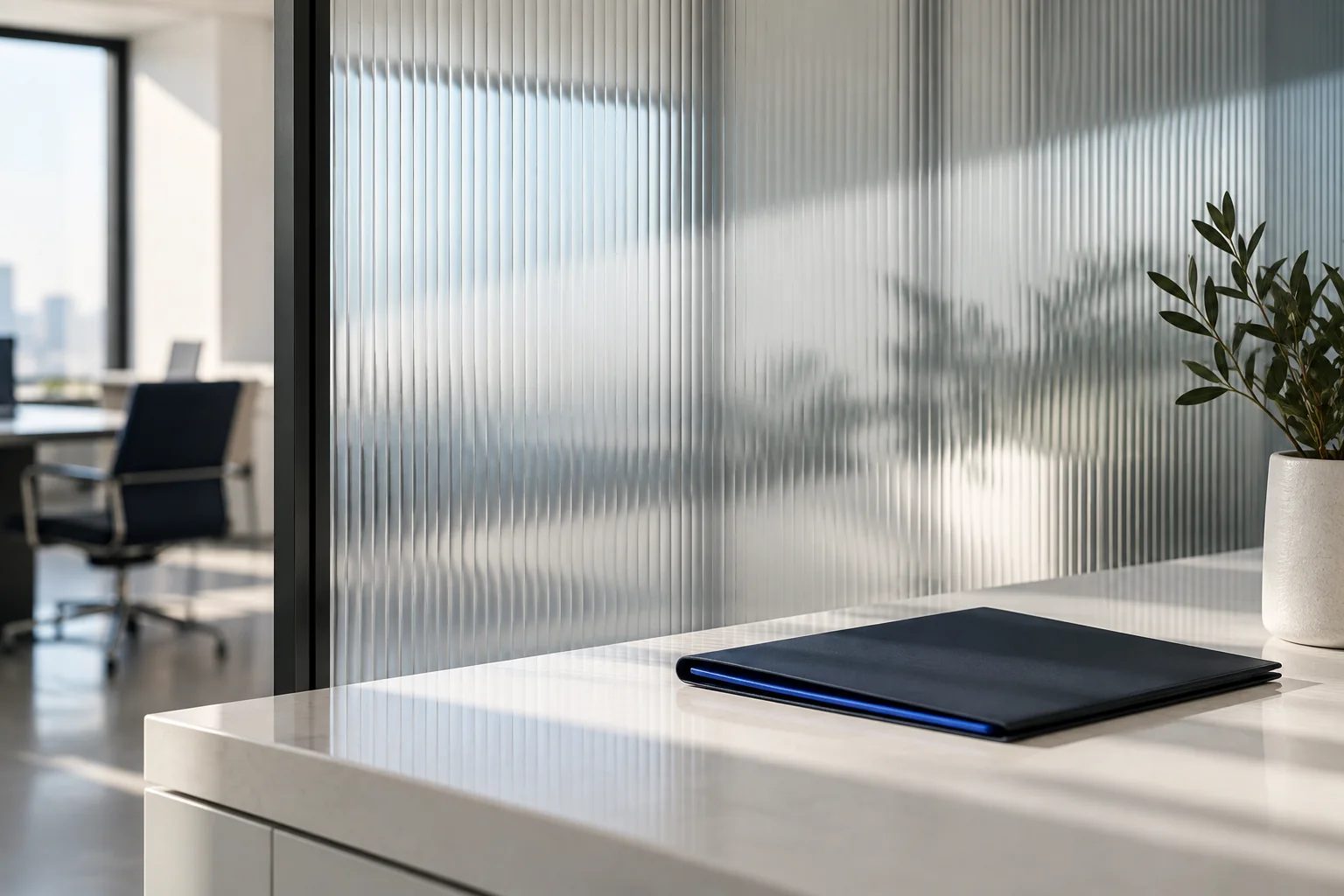 A quiet office with a frosted glass partition and a closed folder on a white counter