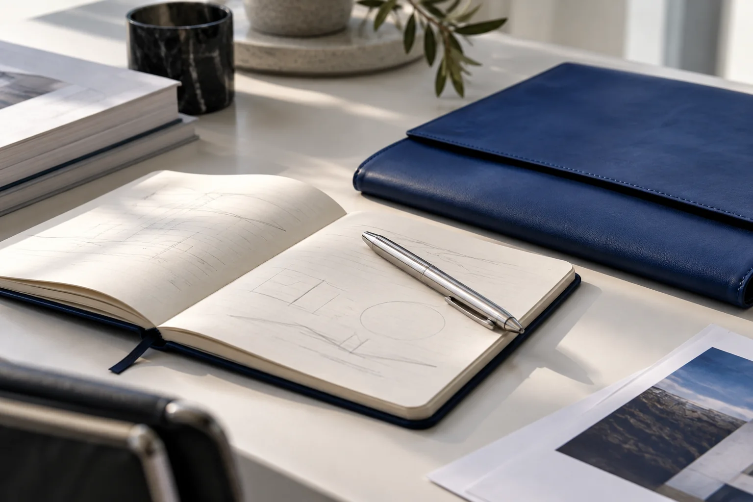 An open notebook and pen beside a cobalt blue folio on a white desk